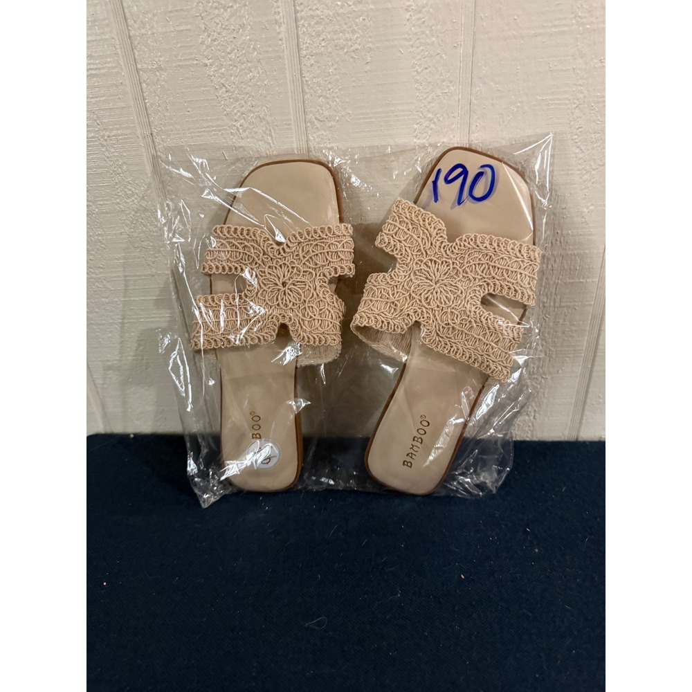 Bamboo Womens Crochet H-Strap Slide Sandals Square Toe Flat Beige Slides 5.5M